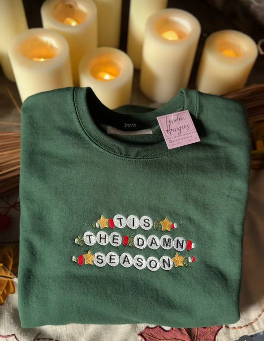 TS Tis the damn season Embroidered Friendship bracelet style crew neck sweatshirt