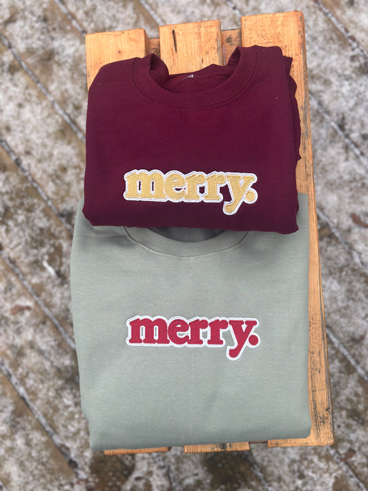 merry. embroidered crew neck or hoodie