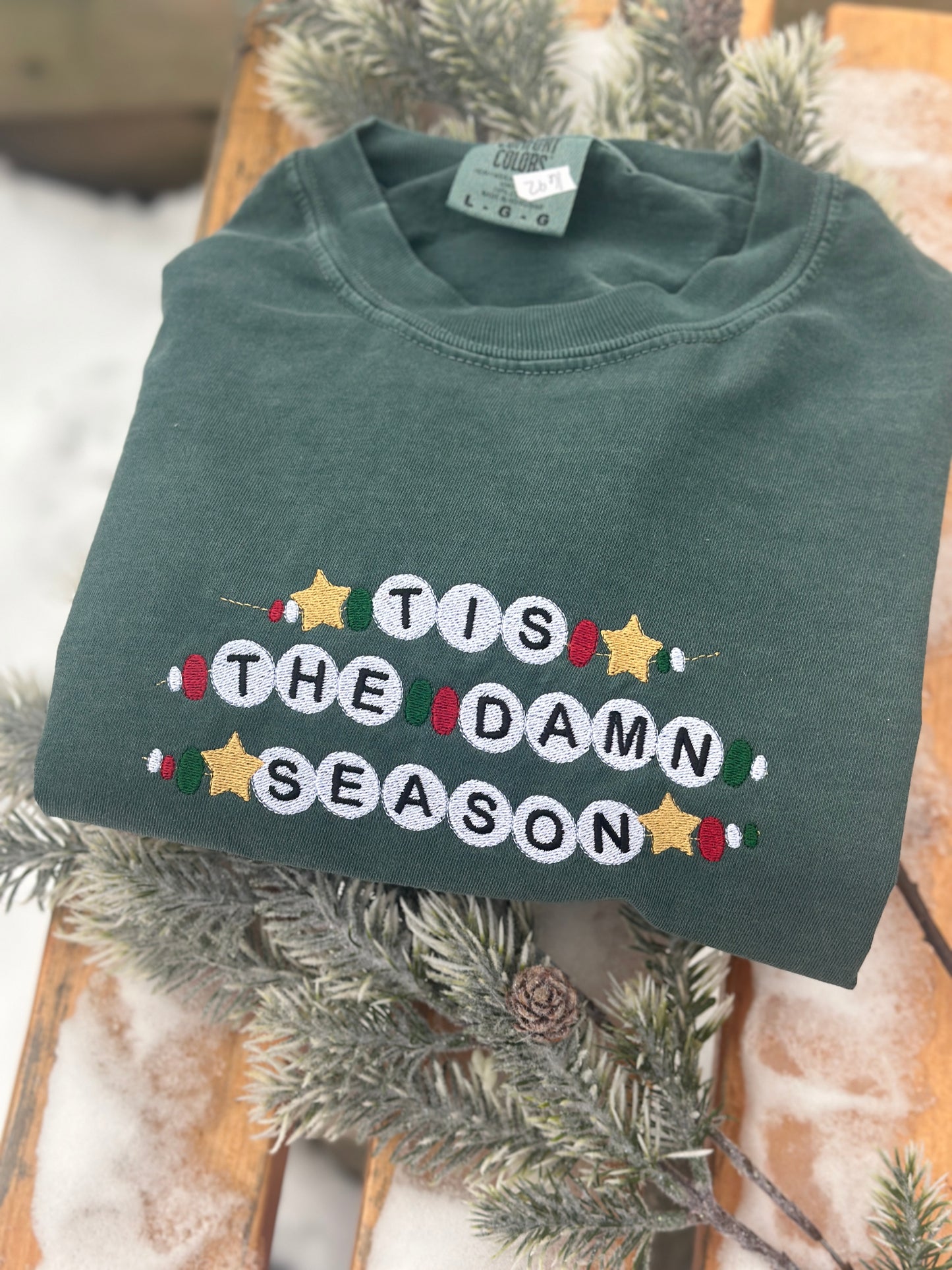 TS Tis the damn season Embroidered Friendship bracelet style crew neck sweatshirt