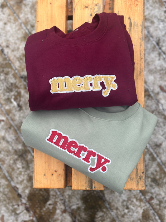 merry. embroidered crew neck or hoodie