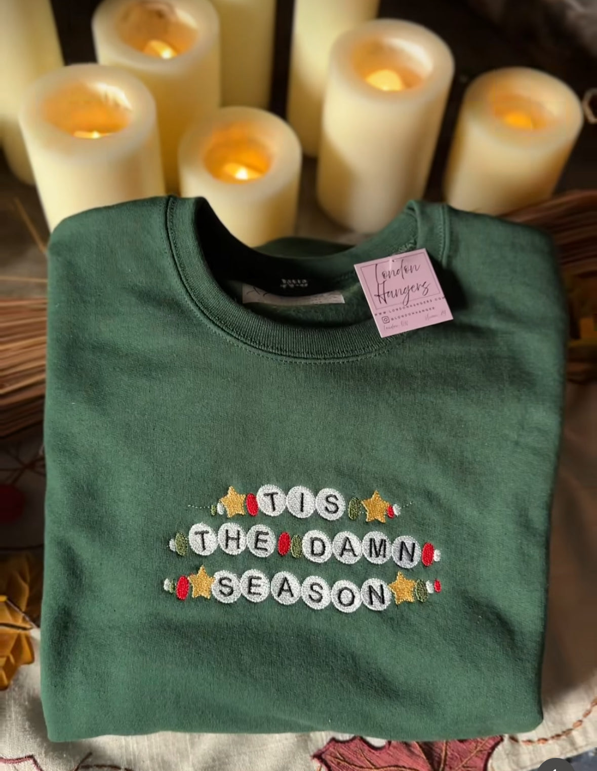 TS Tis the damn season Embroidered Friendship bracelet style crew neck sweatshirt