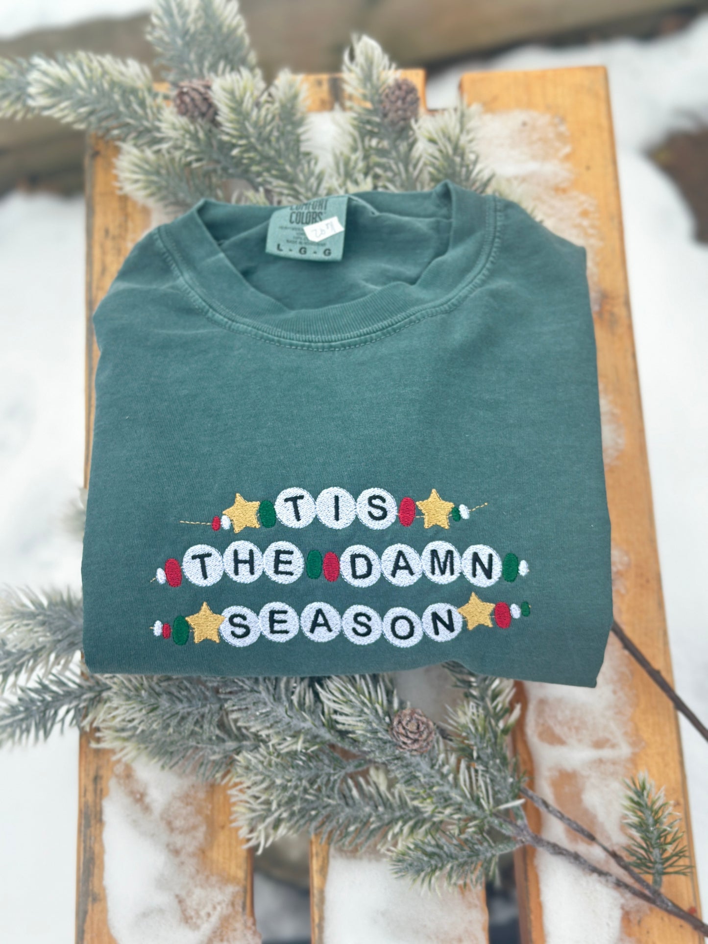 TS Tis the damn season Embroidered Friendship bracelet style crew neck sweatshirt